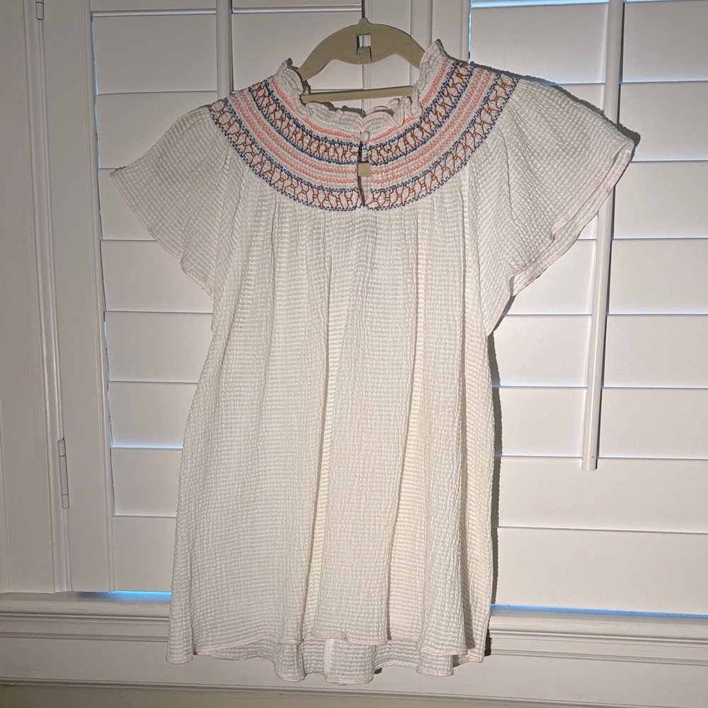 Current Air White Smocked Neck Peasant Blouse with Pastel Embroidery